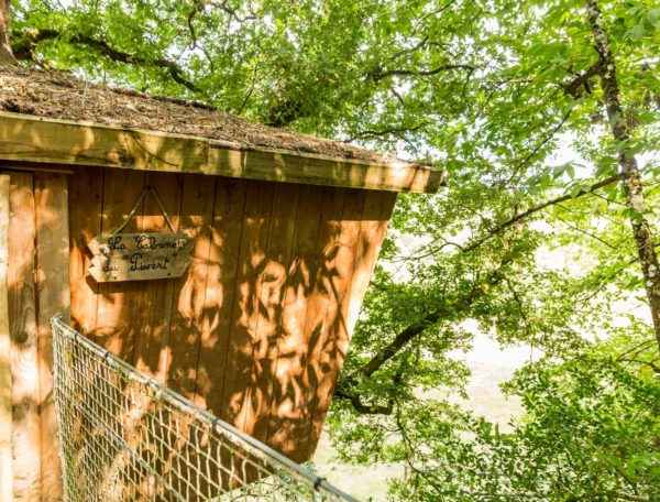 Cabane perchée dans les arbres, entourée de verdure, avec un toit en bois.