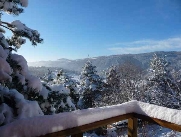 Cabane perchée en bois avec vue panoramique sur un paysage enneigé en Auvergne.