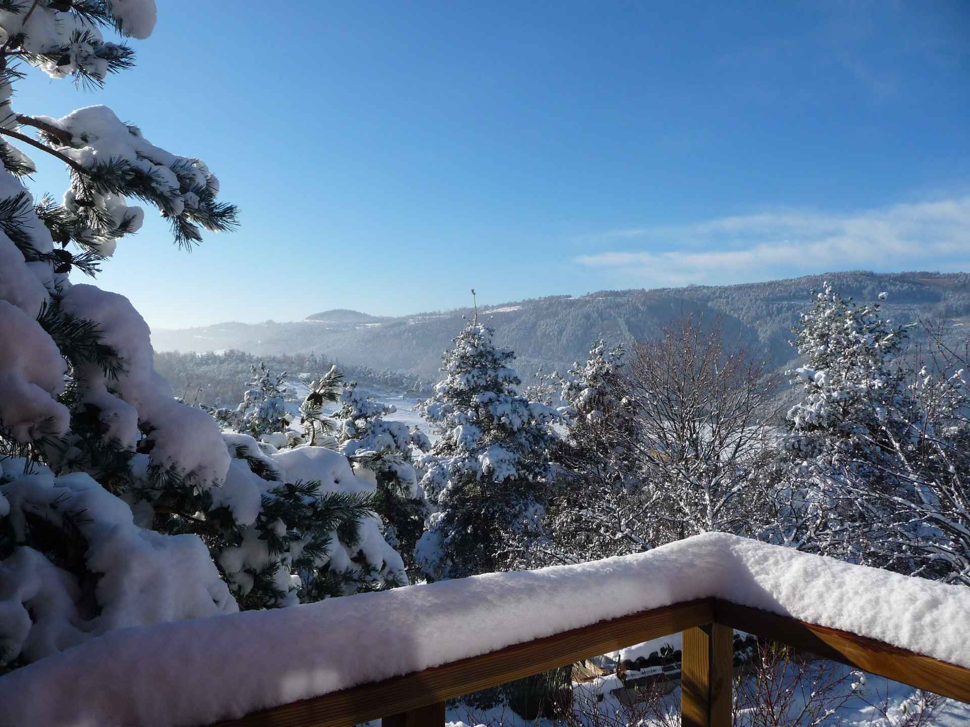 Cabane perchée en bois avec vue panoramique sur un paysage enneigé en Auvergne.