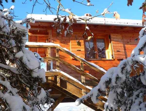 Cabane en bois perchée, entourée de neige et de branches enneigées.