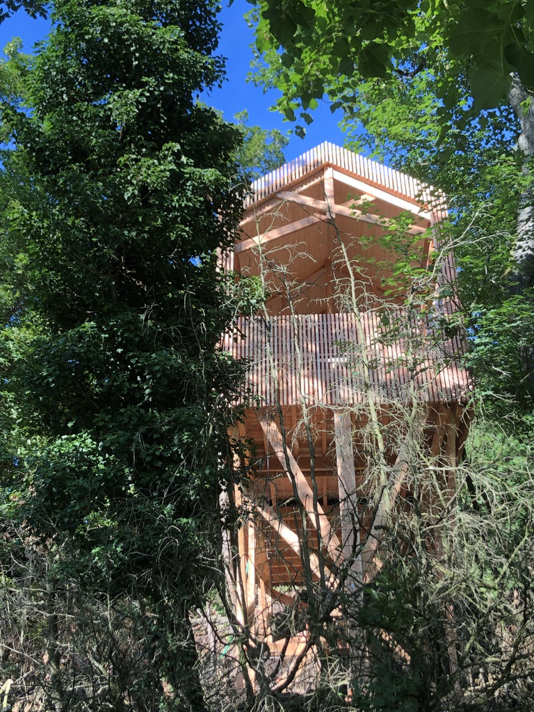 Cabane perchée en bois, entourée de verdure, offrant une vue imprenable sur la nature.