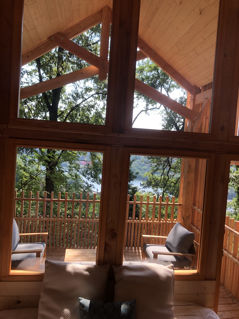 Cabane en bois avec vue sur le lac, entourée de verdure et de lumière naturelle.