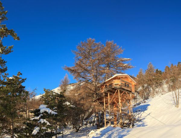 Cabane perchée en bois, entourée de neige et de sapins, sous un ciel bleu éclatant.