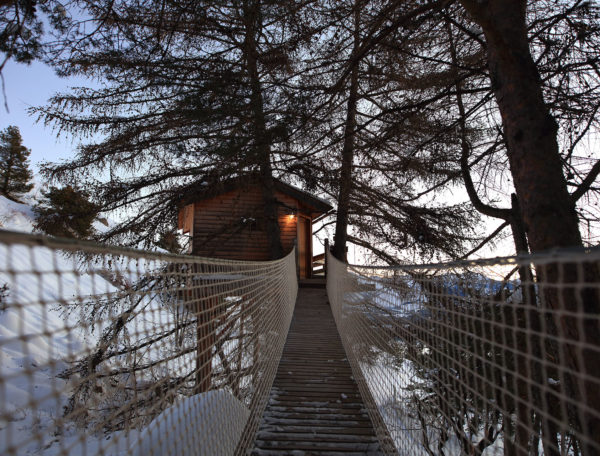 Cabane perchée dans les arbres, accessible par un pont suspendu, au cœur des Alpes.
