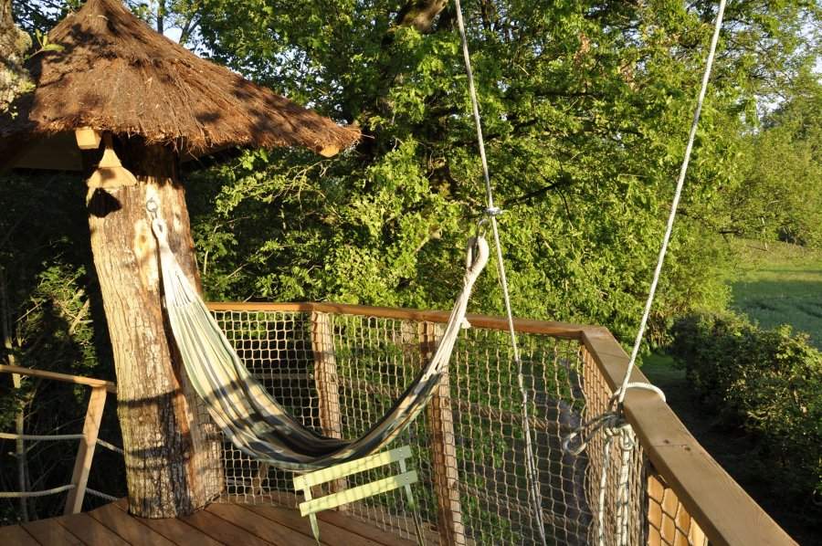 Cabane perchée avec hamac, entourée de verdure luxuriante au Centre.
