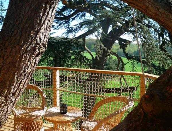 Cabane dans les arbres avec terrasse en bois, vue sur la verdure environnante.