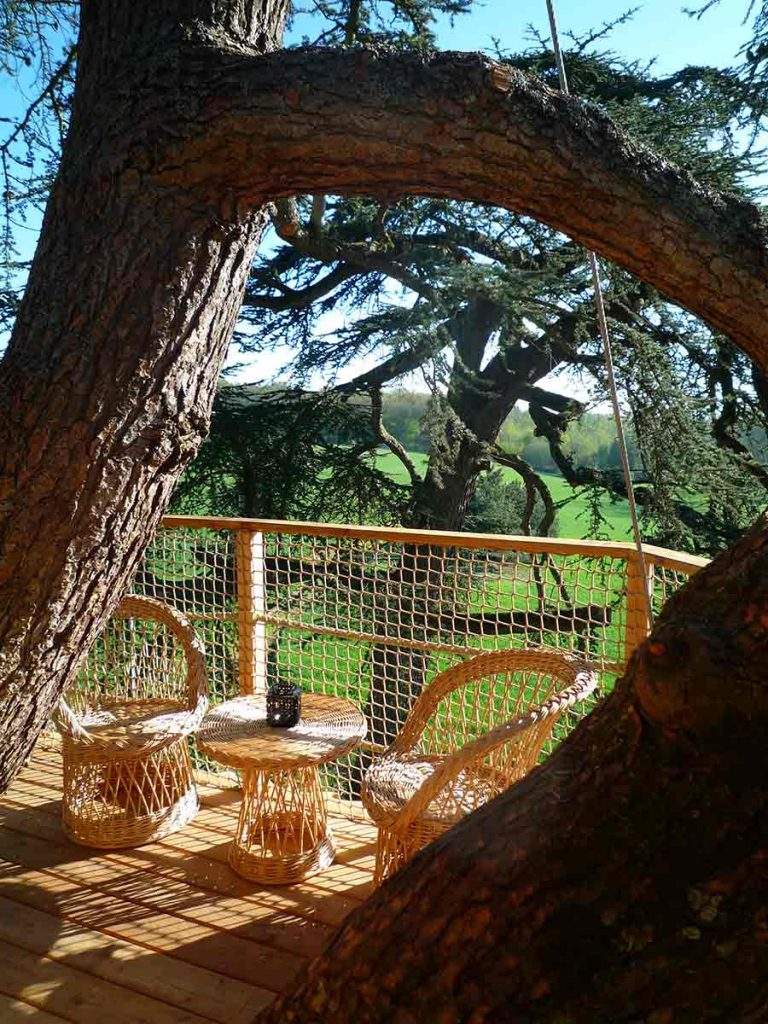 Cabane dans les arbres avec terrasse en bois, vue sur la verdure environnante.