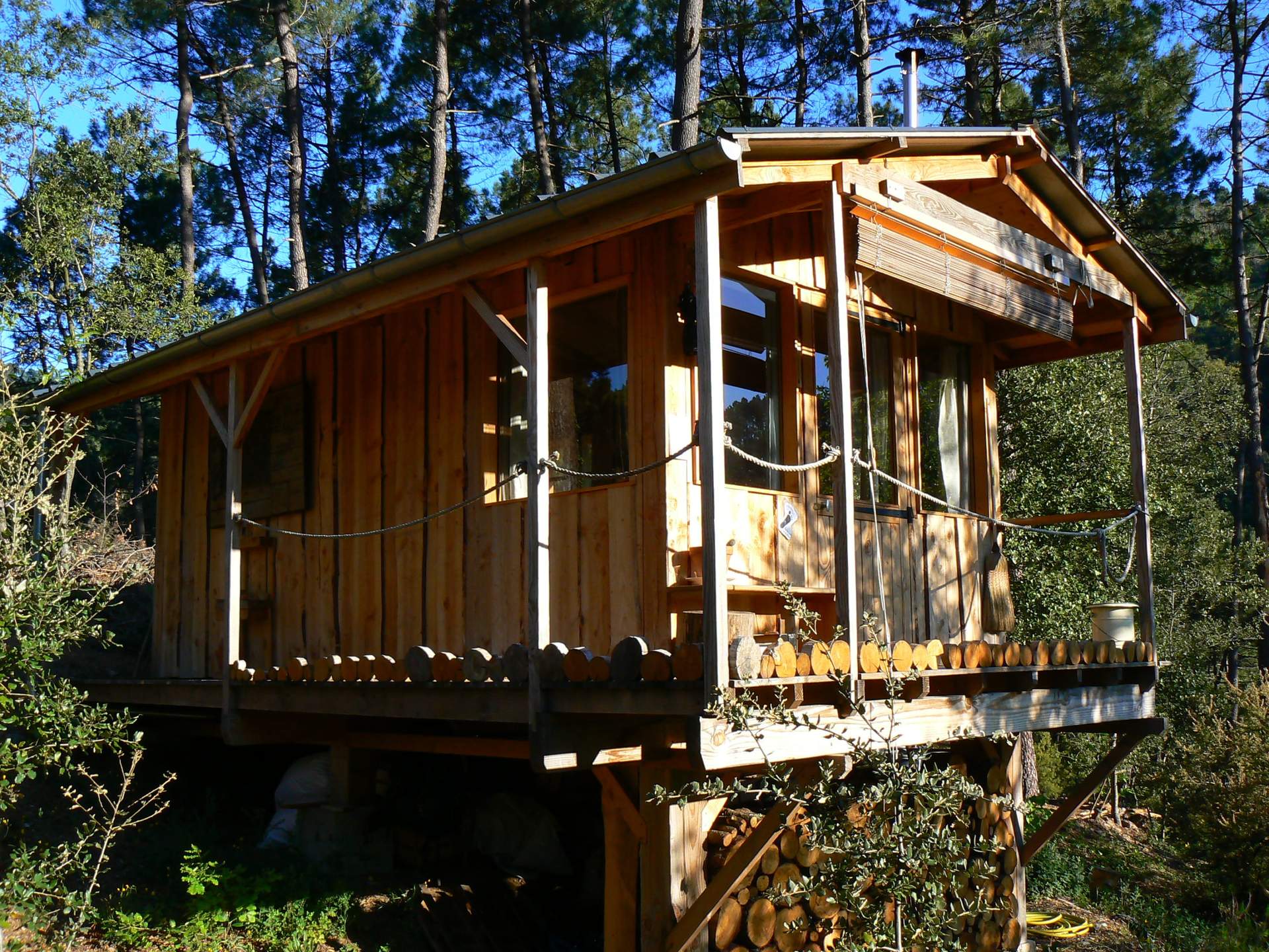 P1090845 Cabane en bois perchée, entourée de verdure, idéale pour un séjour nature.