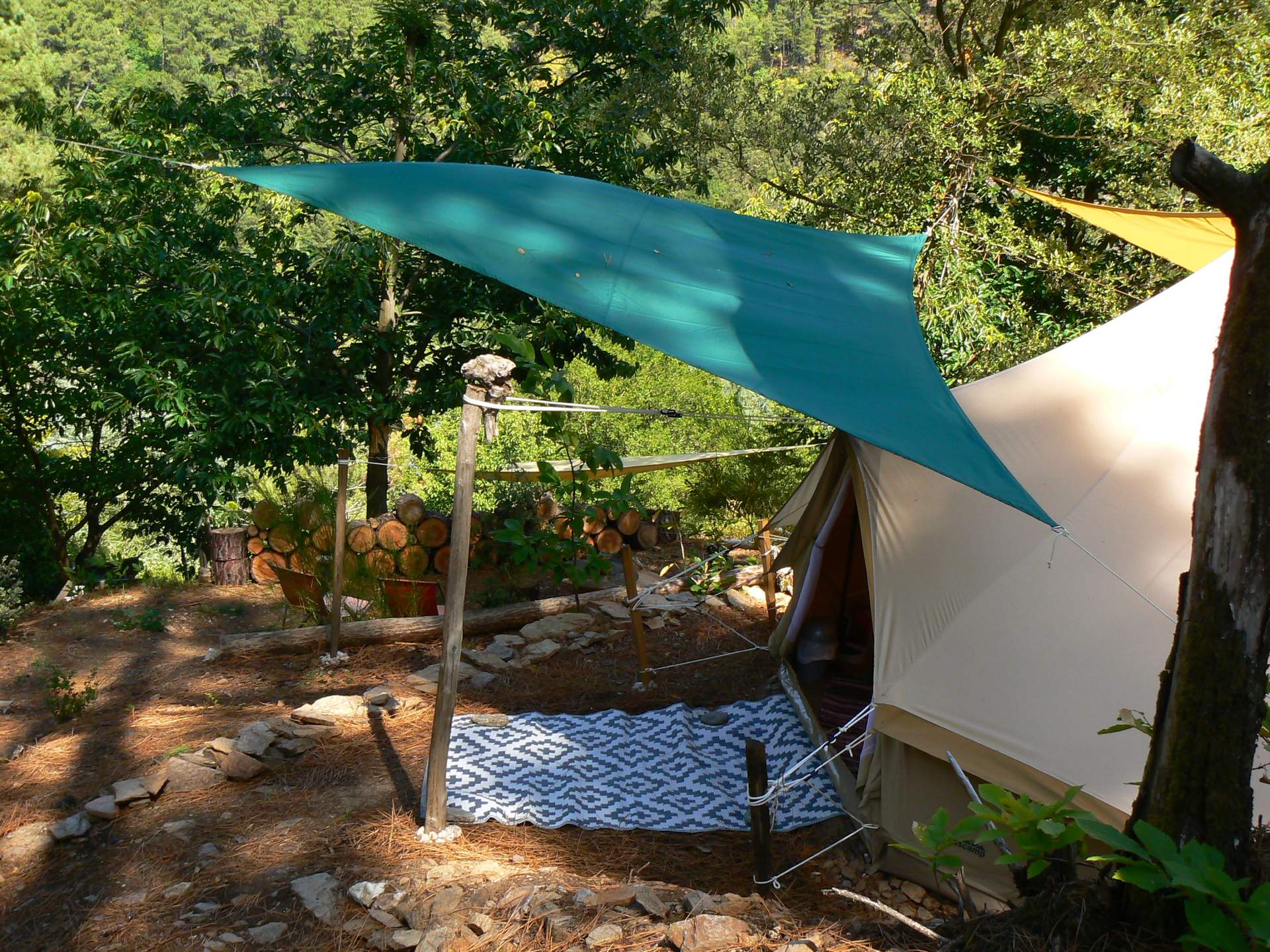 P1100057 Tente safari au cœur de la nature, abritée sous un auvent vert et entourée de verdure.