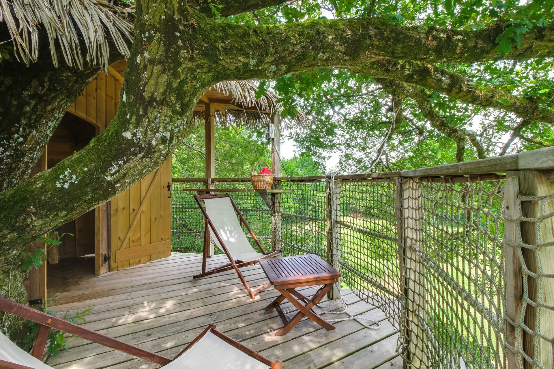 meero-1033 Cabane dans les arbres en Pays de la Loire, avec une terrasse ombragée et vue sur la nature.