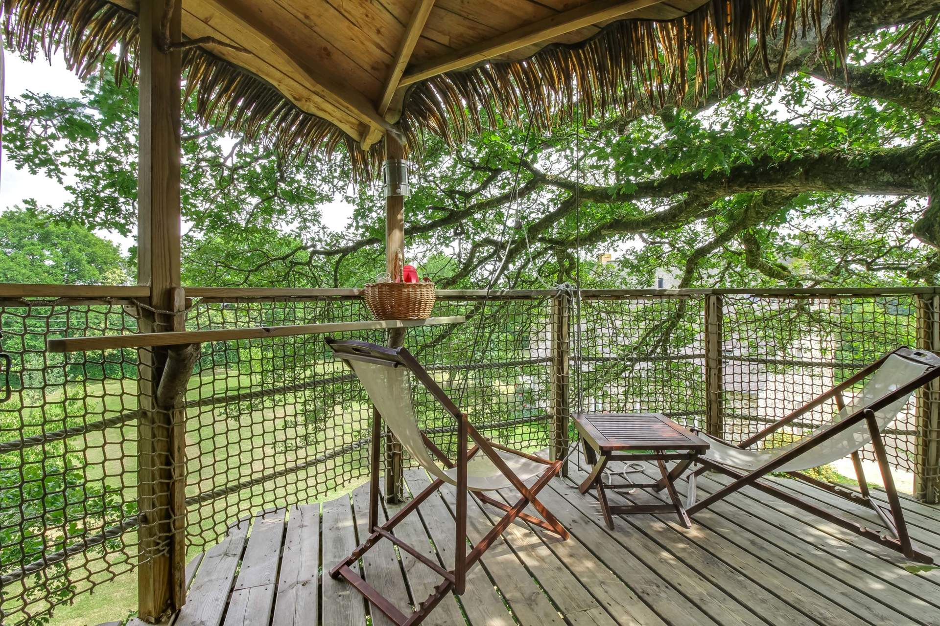 meero-1035 Cabane perchée dans un arbre, avec chaises longues et vue sur la nature environnante.