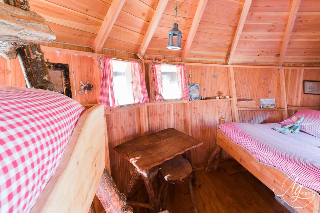 PE interieur Cabane en bois chaleureuse avec lit douillet et table rustique, Auvergne-Rhône-Alpes.
