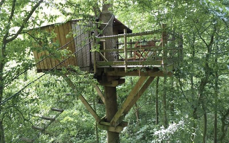 Laizon9 Cabane dans les arbres en Basse-Normandie, perchée au milieu dune verdure luxuriante.