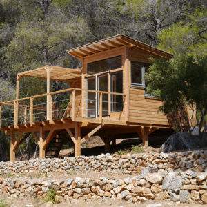 Cabane en bois sur pilotis avec terrasse, entourée de nature verdoyante.
