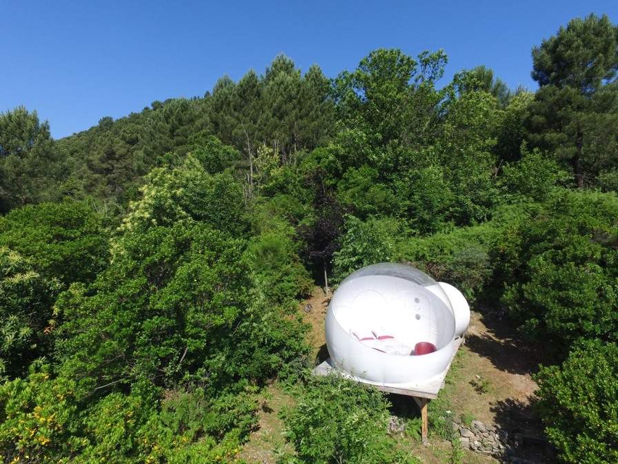 Bulle drone 1 Hébergement insolite en bulle transparente, niché dans la verdure du Languedoc-Roussillon.