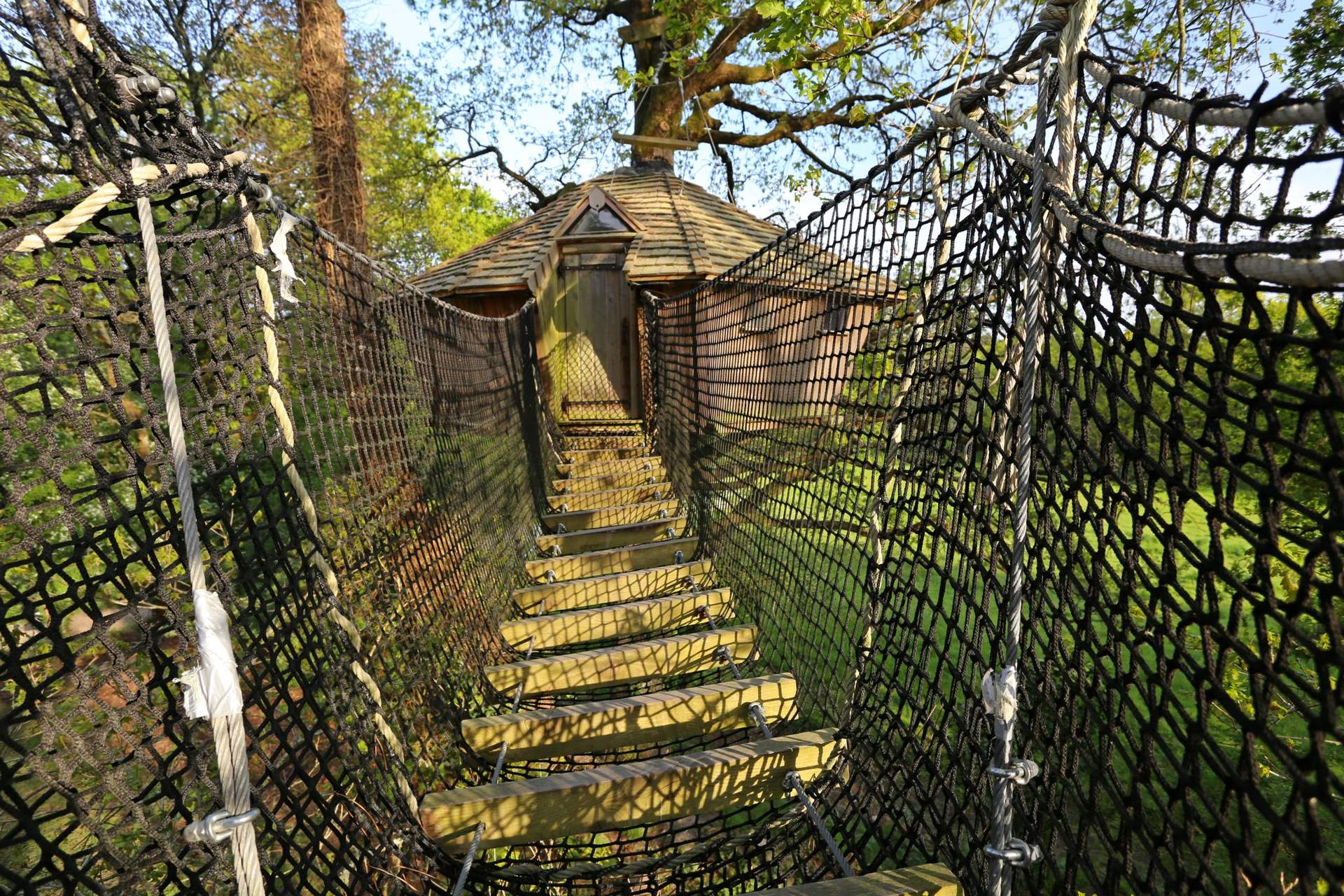 Stéphane MARIE (7) Cabane perchée en Bretagne, accessible par un pont en filet, entourée de verdure.