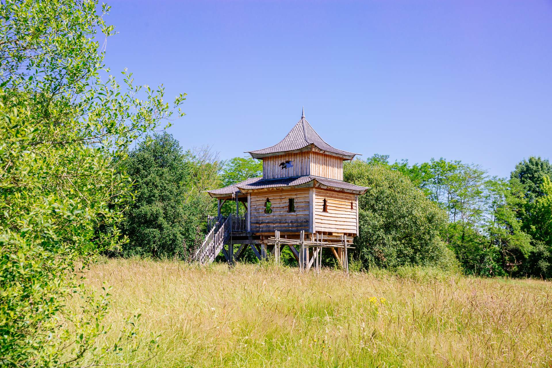Temple perche avec spa 2 Cabane perchée en bois, entourée de verdure, offrant une vue panoramique.