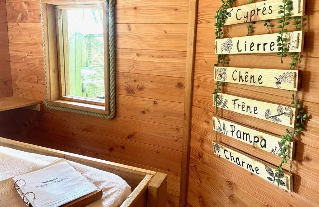 feuilles1 Cabane en bois à Auvergne-Rhône-Alpes, avec décor naturel et vue sur la forêt.