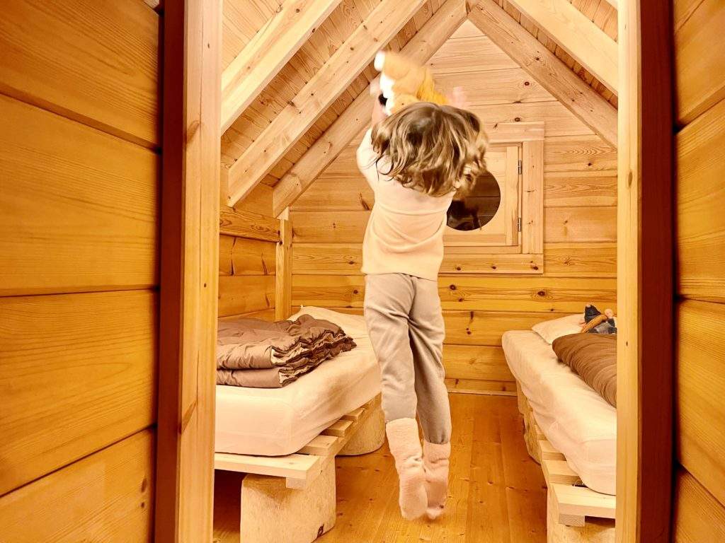 sangliers1 Cabane en bois dans les Alpes, enfant sautant joyeusement entre les lits.