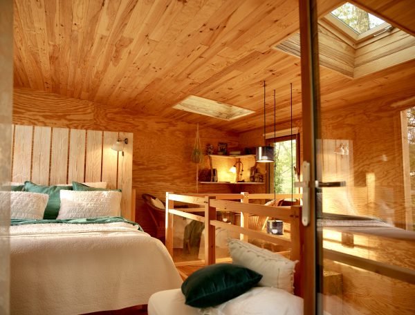 Cabane en bois avec un intérieur chaleureux et lumineux, vue sur la nature.