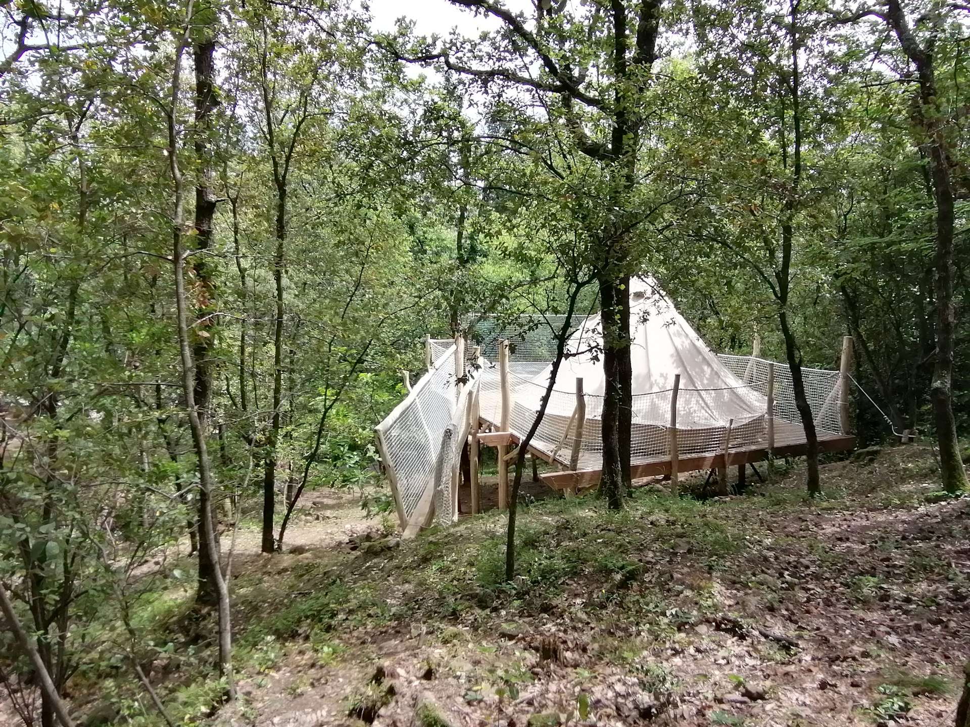 IMG_20210529_132702 Tente suspendue dans les arbres, entourée de verdure, en Languedoc-Roussillon.