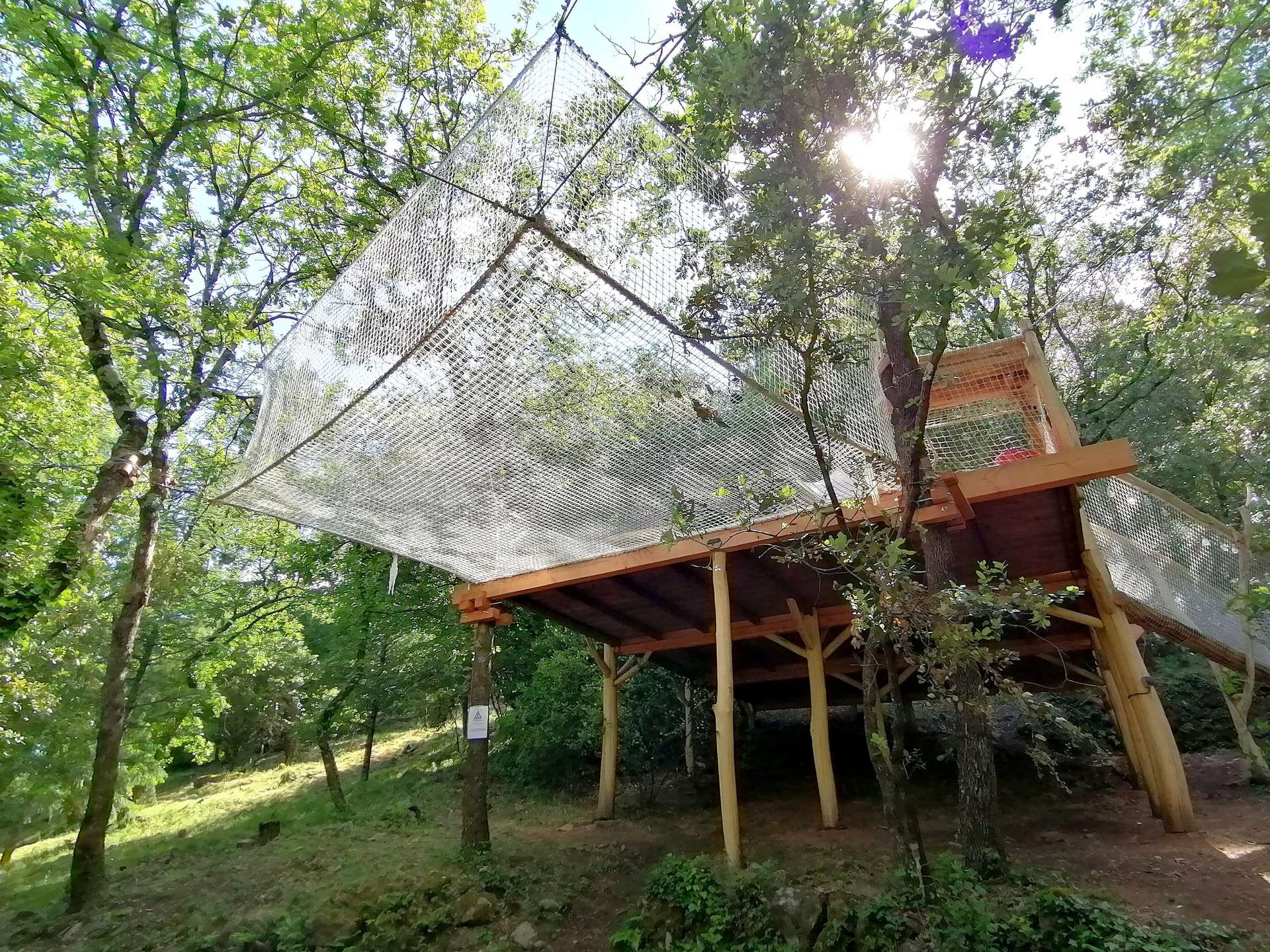 IMG_20210610_100814 Cabane perchée dans les arbres, entourée de verdure et protégée par un filet.