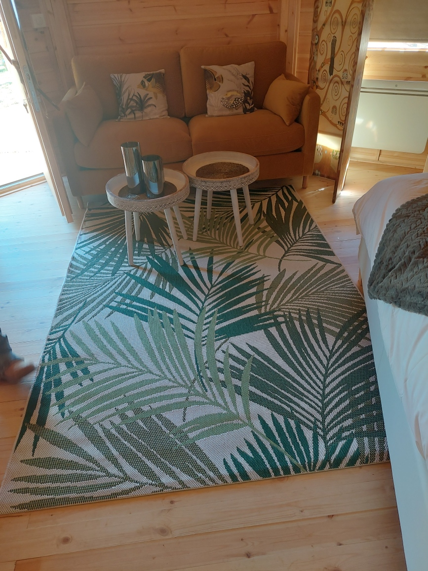 0D331E74-C334-4990-8A68-5ABFEB4A5D92 Hébergement insolite en bois avec un salon cosy et un tapis tropical.