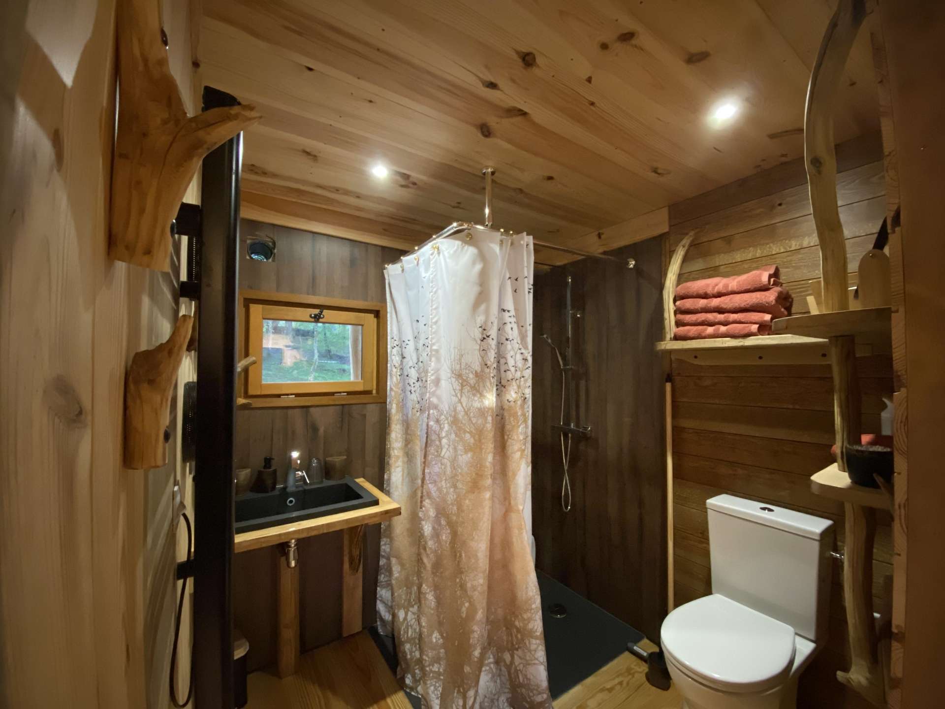 IMG_5617 Cabane en bois avec salle de bain moderne, douche et décor chaleureux.