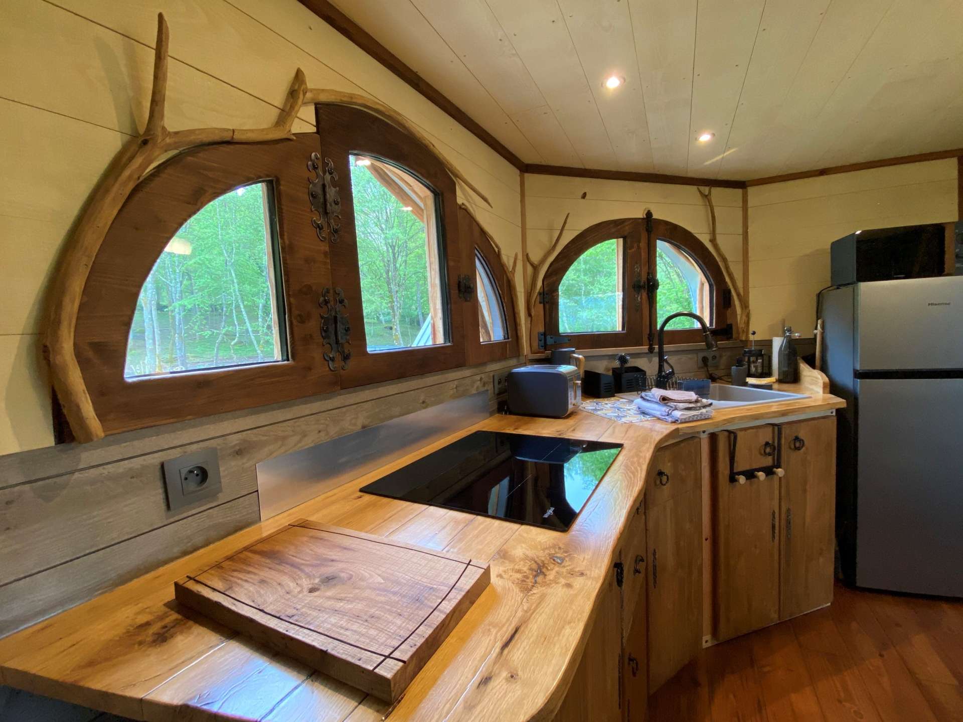 IMG_5687 Hébergement insolite en Midi-Pyrénées : chalet en bois avec fenêtres arrondies.