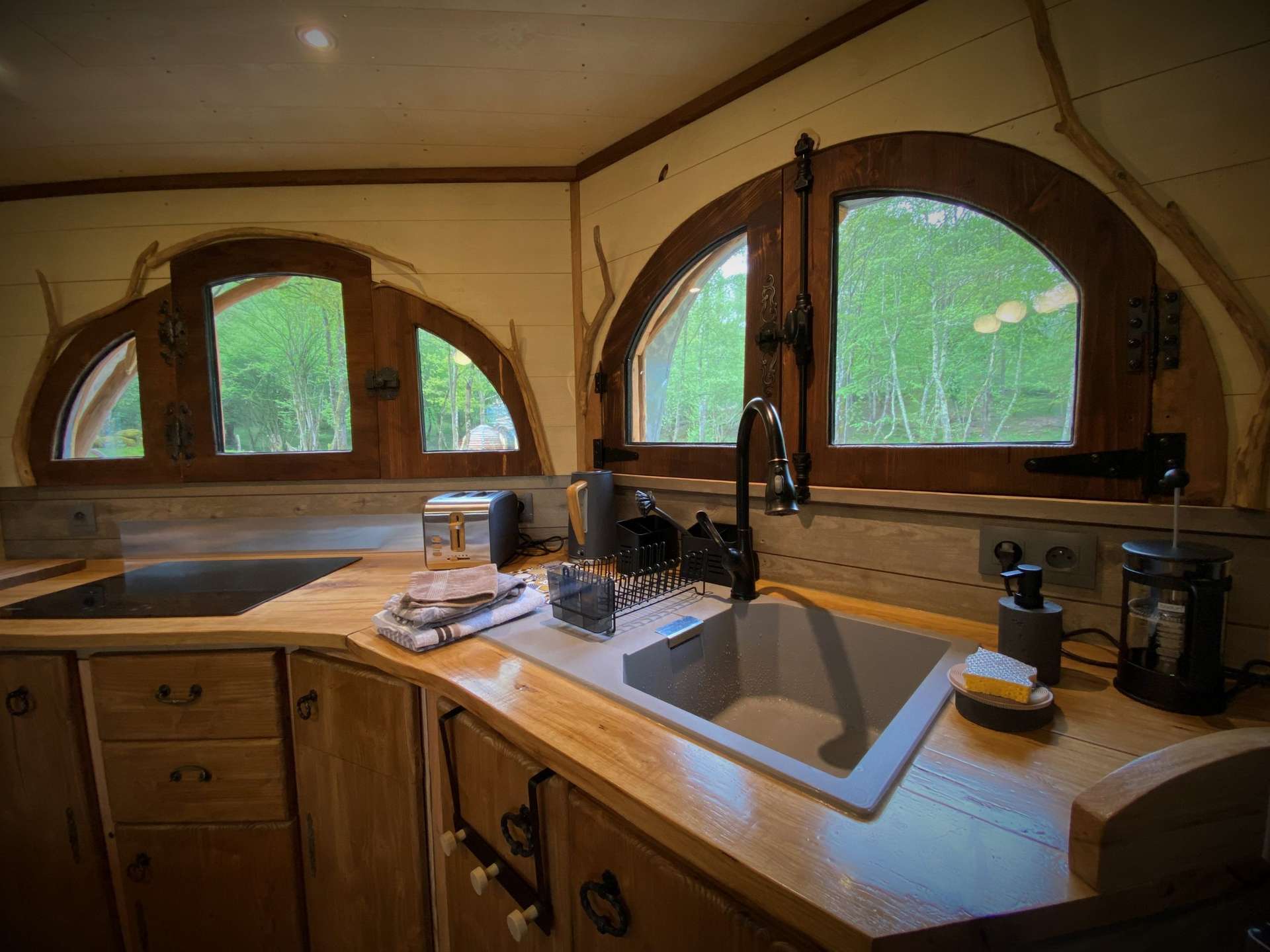 IMG_5691 Cabane en bois avec fenêtres arrondies, offrant une vue sur la nature verdoyante.