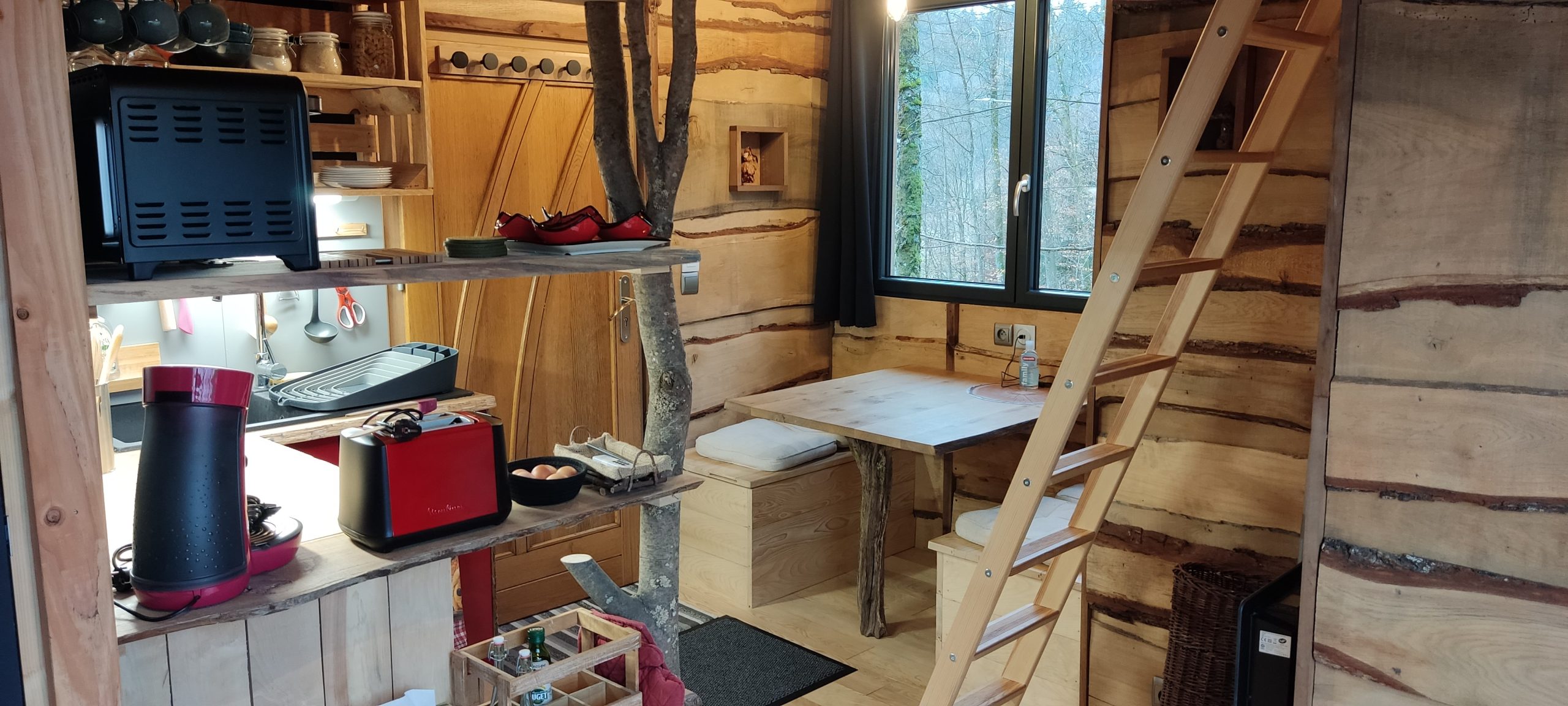 IMG_20220211_092925 Cabane en bois dans le Grand-Est, avec un intérieur chaleureux et une échelle en bois.