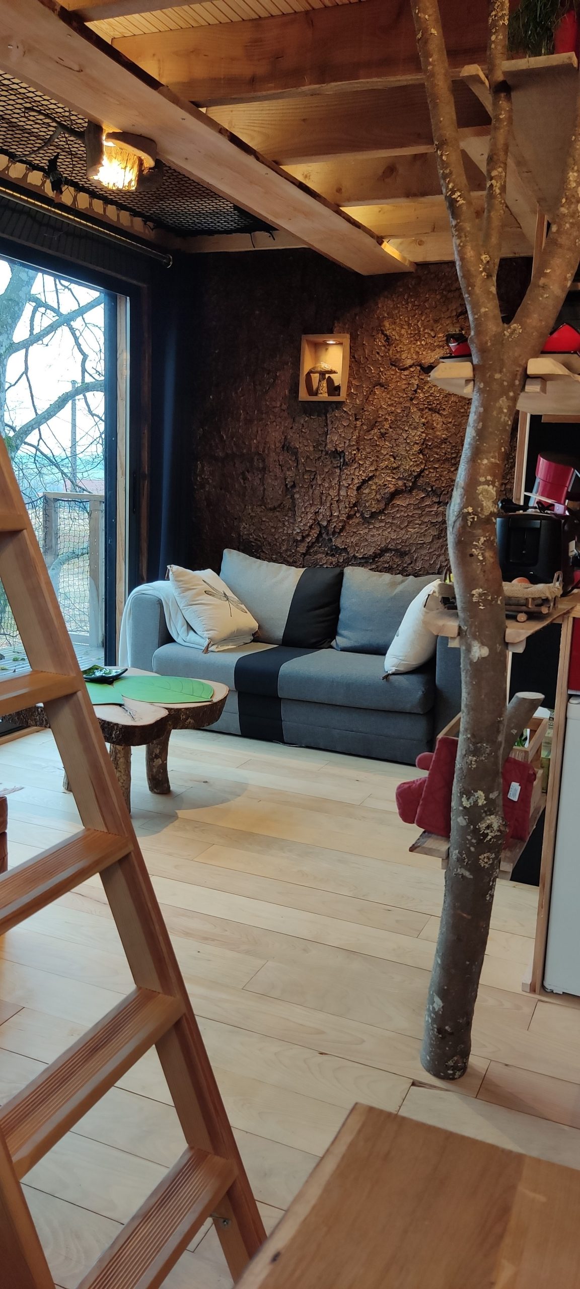 IMG_20220211_093505 Hébergement insolite en bois avec un salon cosy et un arbre décoratif intérieur.