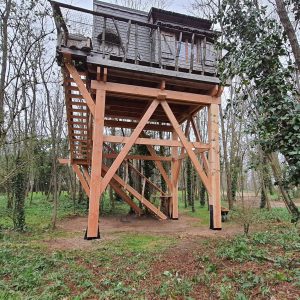 Cabane perchée en bois, entourée darbres verdoyants et dune nature apaisante.