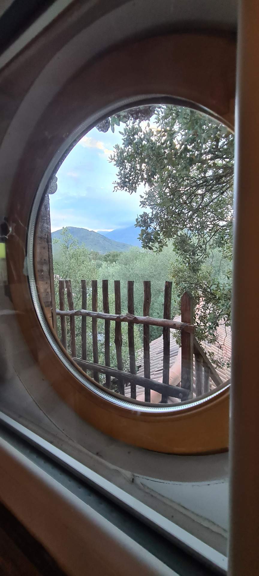 20220828_193213 Vue depuis un hublot dun hébergement insolite en Corse, entouré de verdure.