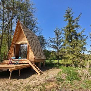Chalet en bois en forme de A, entouré darbres et dun grand espace vert.