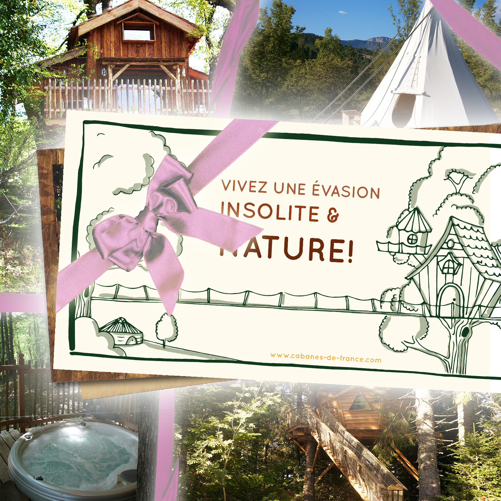 Chèque cadeau montant libre Cabane dans les arbres avec vue sur la nature et ambiance chaleureuse.