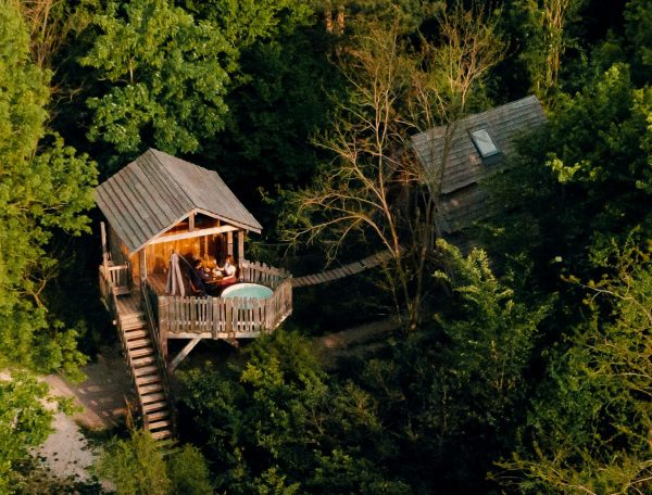 Cabane perchée dans les arbres, entourée de verdure luxuriante à Hauts-de-France.