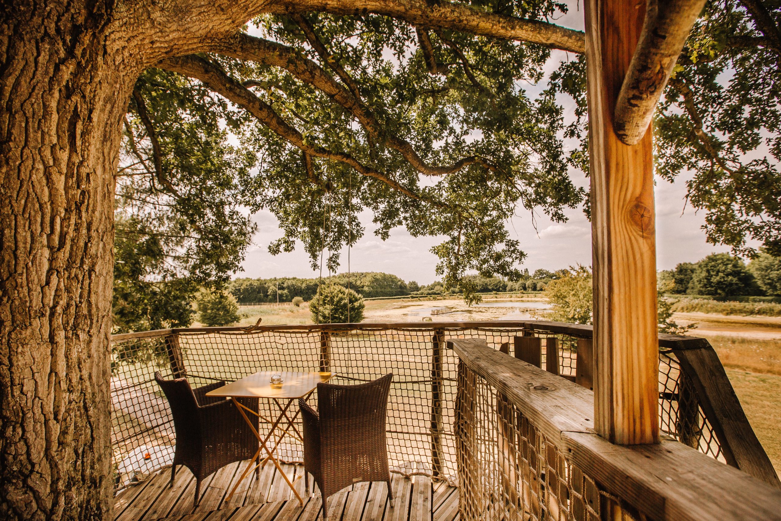 Entreprise_ChouetteCabane_JustineB-6 Cabane perchée dans un arbre, avec une vue dégagée sur la nature environnante.