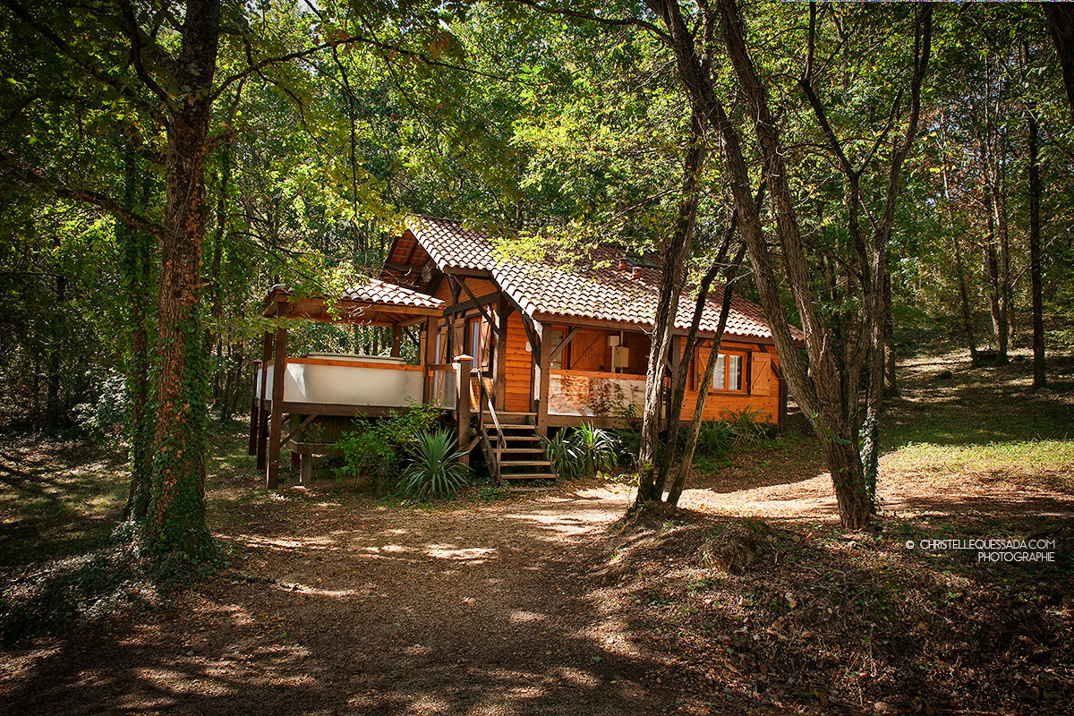 Chalet Domaine de La Male Toulouse spa Cabane en bois nichée dans la forêt, entourée darbres verdoyants.
