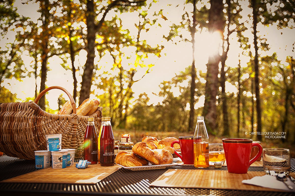 Petit-déjeuner Domaine de La Male Spa Toulouse Lodge Pique-nique gourmand en pleine nature, avec croissants et boissons, à Midi-Pyrénées.