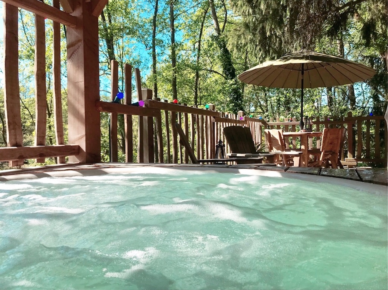 gros plan spa de l'ile Hébergement insolite en Île-de-France avec jacuzzi et terrasse ombragée.