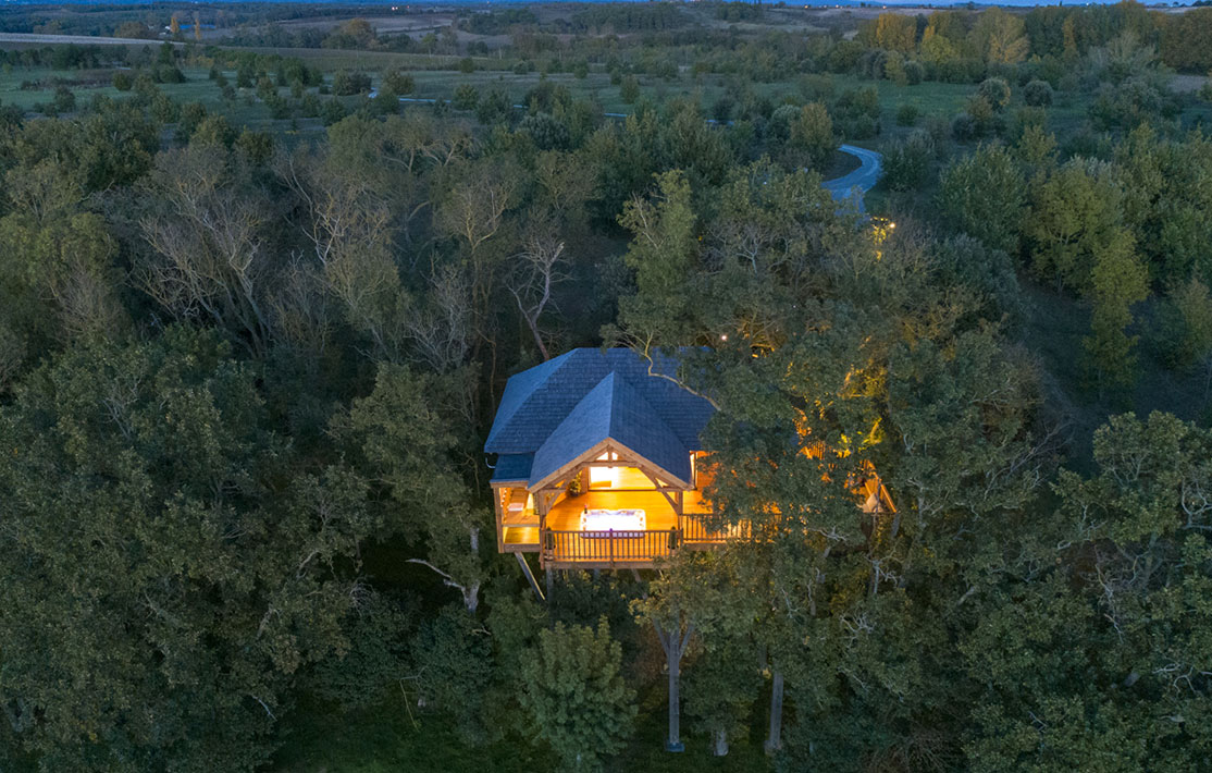 Cabane perchée dans les arbres, illuminée, entourée de verdure à Languedoc-Roussillon.