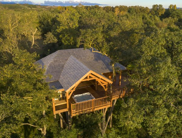 Cabane perchée dans les arbres, entourée de verdure, avec terrasse et jacuzzi.