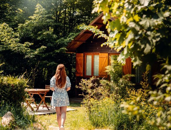 Cabane en bois dans la nature, entourée de verdure, offrant un cadre paisible.