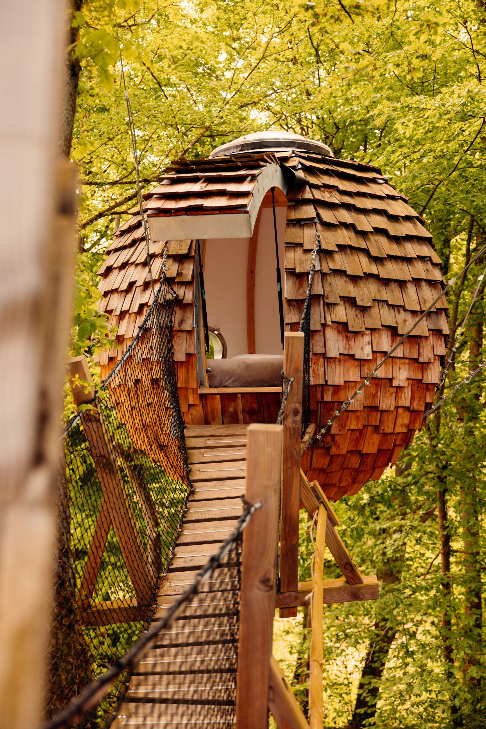 Cabane en bois en forme de sphère, perchée dans les arbres, accessible par un pont suspendu.