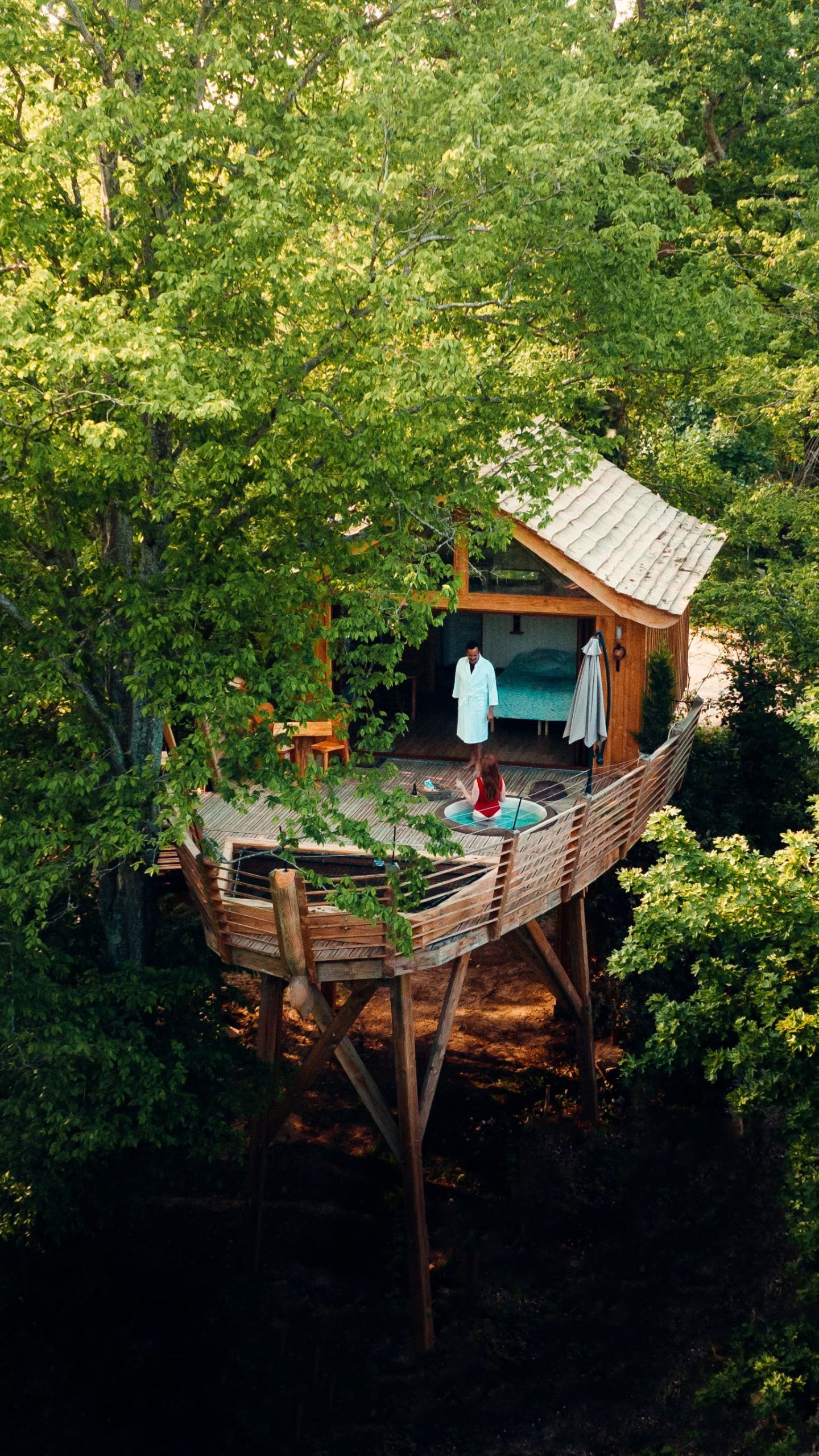 Cabane perchée dans les arbres, avec terrasse et vue sur la nature environnante.