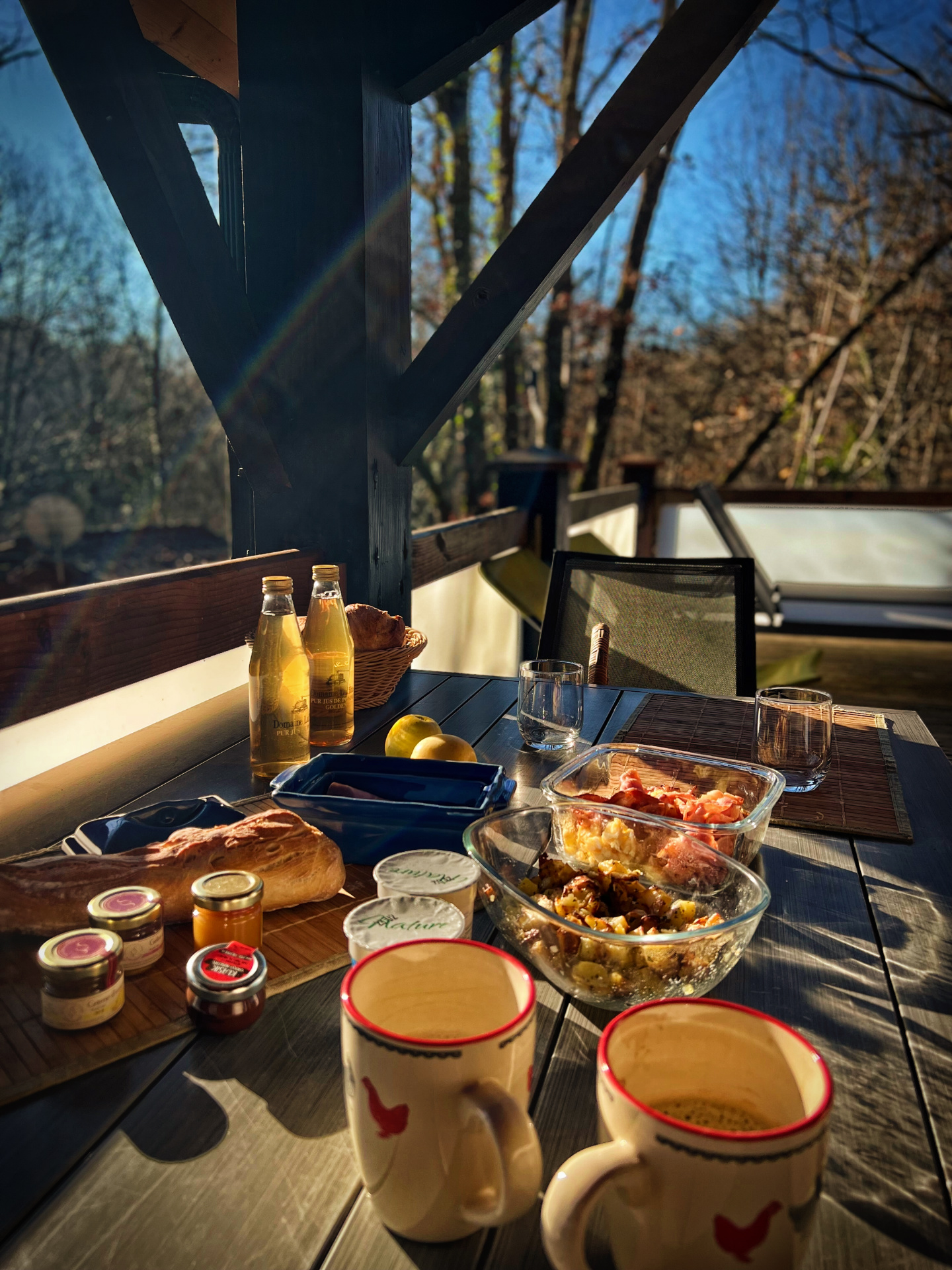 Brunch petit dejeuner domaine de la male cabane chalet lodge Hébergement insolite en Midi-Pyrénées, terrasse en bois avec petit-déjeuner gourmand.