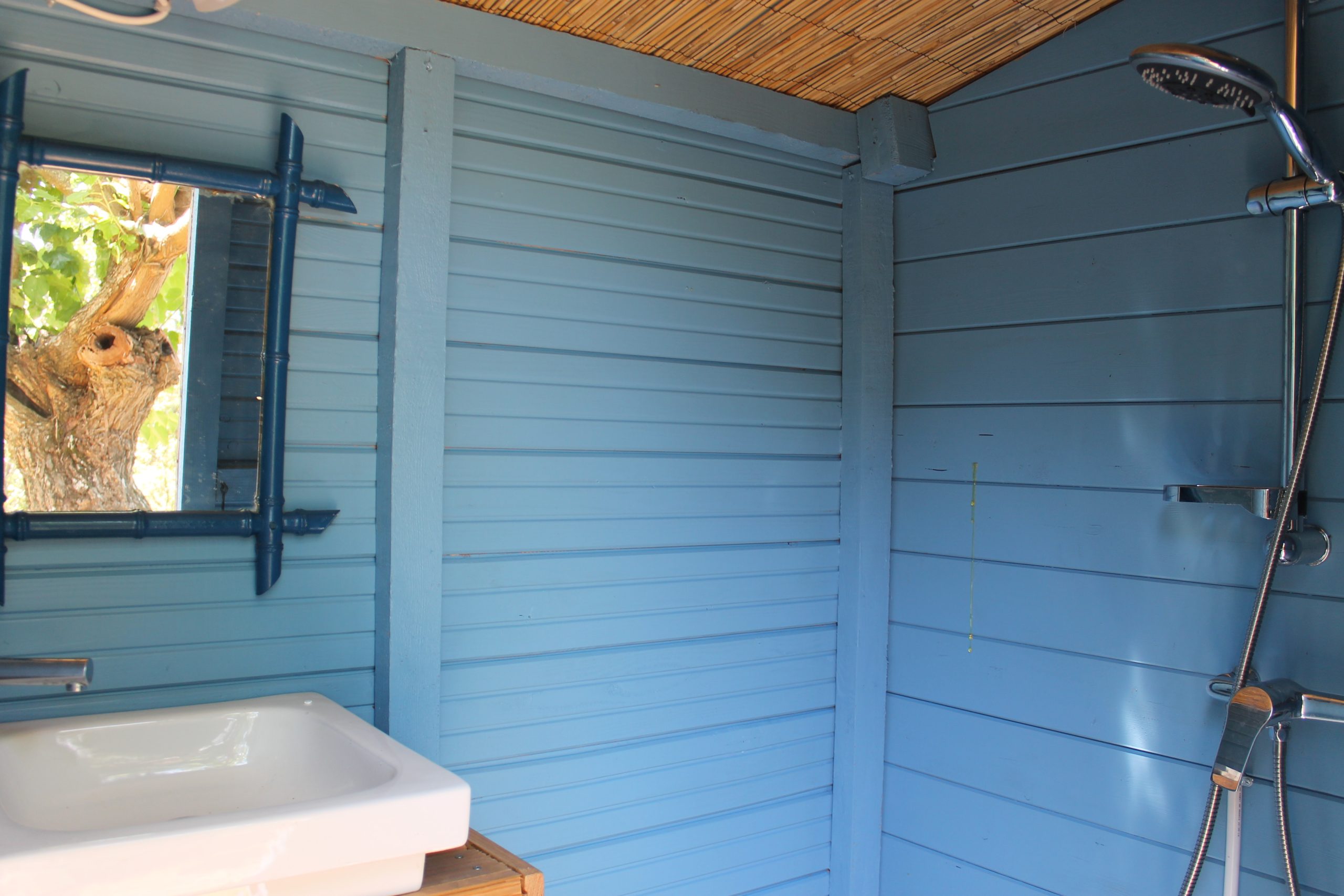 IMG_0241 Cabane en bois avec douche, murs bleus et miroir, au cœur de la Provence.