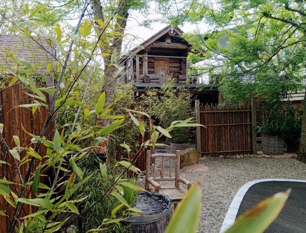 Cabane en bois perchée, entourée de verdure et dun jardin zen apaisant.