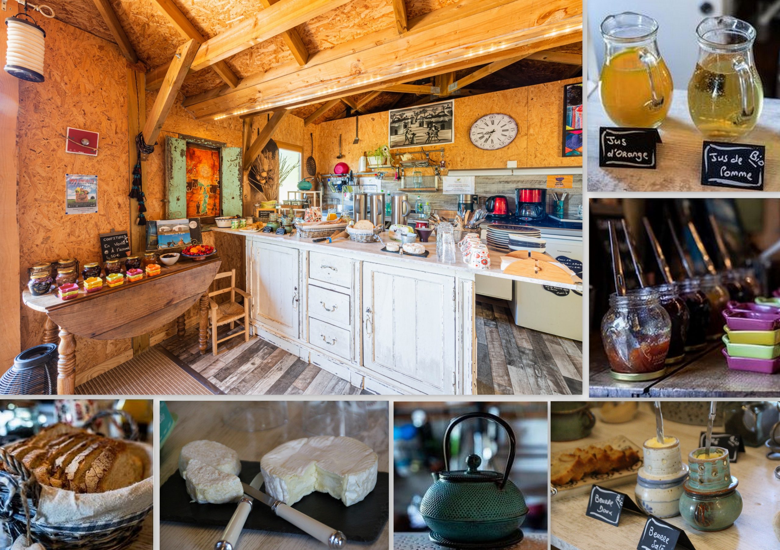 Montage petits dejeuners buffet sucre sale natura Lodge Hébergement insolite en Languedoc-Roussillon, intérieur chaleureux avec petit-déjeuner gourmand.